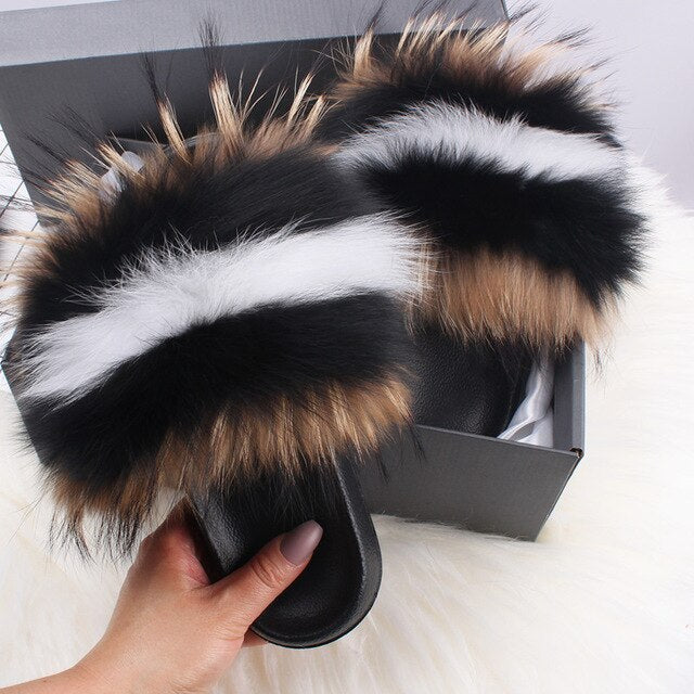 Women's Racoon, Fox Fur luxury Comfort Slides/Slippers/ Indoor/Outdoor Multi Use Preferred