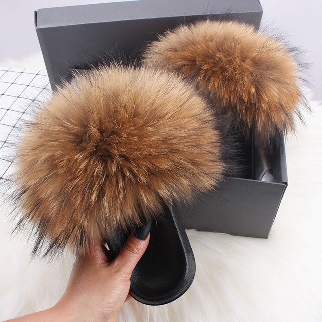 Women's Racoon, Fox Fur luxury Comfort Slides/Slippers/ Indoor/Outdoor Multi Use Preferred