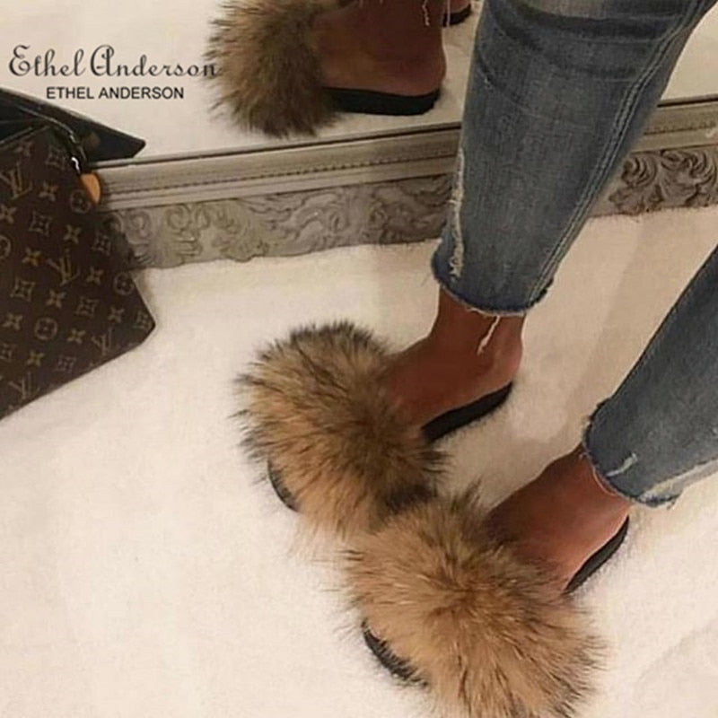 Women's Racoon, Fox Fur luxury Comfort Slides/Slippers/ Indoor/Outdoor Multi Use Preferred